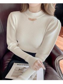 On Sale Pure Color Stand Collars Puff Sleeve Knitting Top 