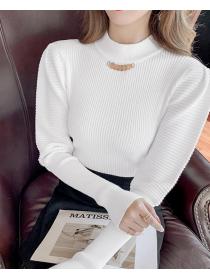 On Sale Pure Color Stand Collars Puff Sleeve Knitting Top 