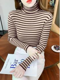 Discount High Collars Stripe Color Matching Knitting Top 