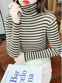 Discount High Collars Stripe Color Matching Knitting Top 