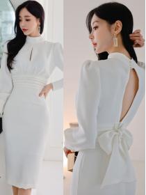 Korean Style Stand Collars Back Hollow Out   Dress