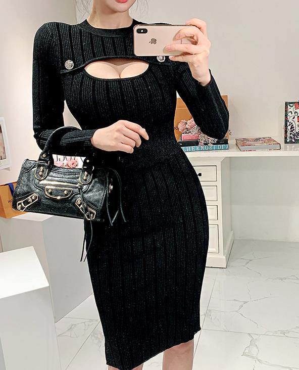 On Sale Pure Color Hollow Out Knitting Dress