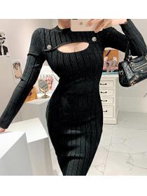 On Sale Pure Color Hollow Out Knitting Dress