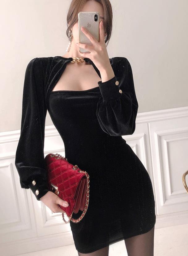 Korean Style Hollow Out Chain Matching Slim Dress