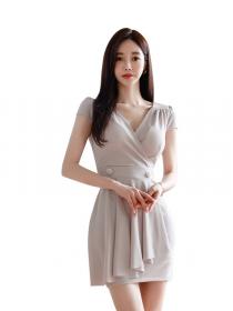 Korean Style V  Collars Drape Show   Waist Dress