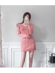 Korean Style Pure Color Slim Knitting  Show   Waist Dress