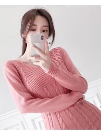 Korean Style Pure Color Slim Knitting  Show   Waist Dress