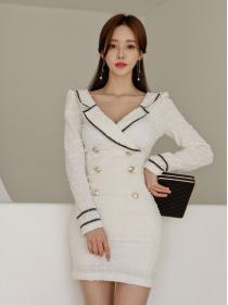 Korean Style   Button Matching Pure Color  Dress