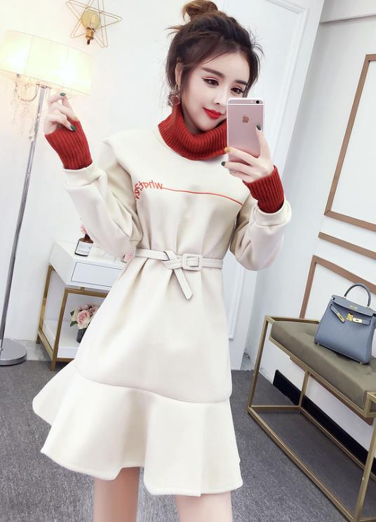 Korean Style High Collars Color Matching Dress