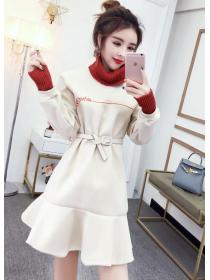 Korean Style High Collars Color Matching Dress 