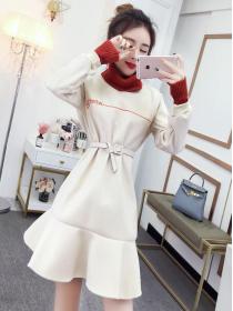 Korean Style High Collars Color Matching Dress 