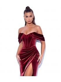 Outlet hot style Sexy off-shoulder velvet Corset Pleated high slit midskirt autumn and winter dress