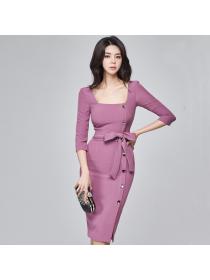 Outlet Autumn/Winter new Korean fashion Square-neck Hip wrap Long-sleevd Office Lady Dress