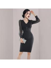 Outlet Autumn/Winter new Korean fashion v-neck Hip wrap Long-sleevd Office Lady Dress