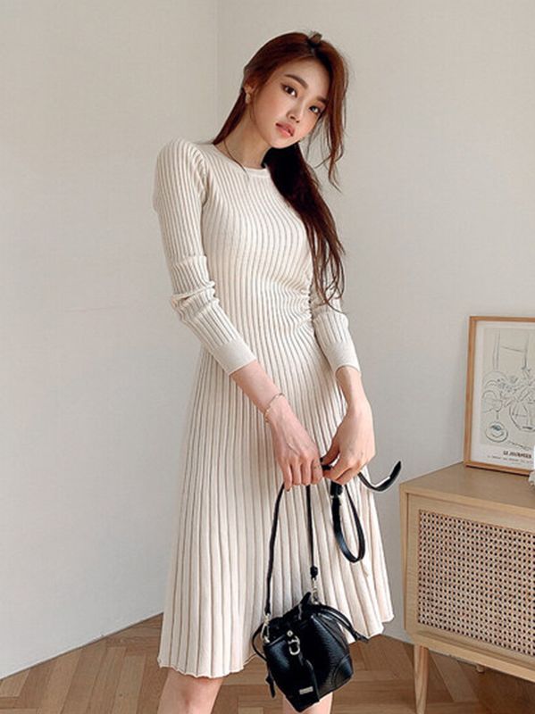 On Sale Pure Color Knitting Lace Up Dress