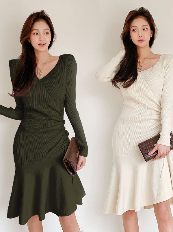 Korean Style Pure Color Drape Slim Dress