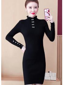 On Sale Stand Collars Button Matching Knitting Dress 