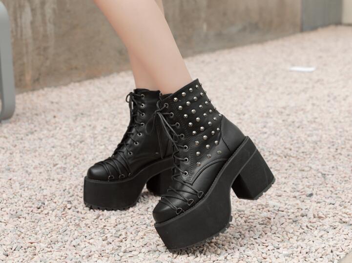 Outlet Block-heeled high-heeled winter rivets and cashmere Martin boots