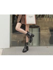 Outlet Round-toe patent leather chunky heel chain Lace up Martin boots