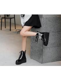 Outlet Thick-heel platform Chain patent leather Martin boots