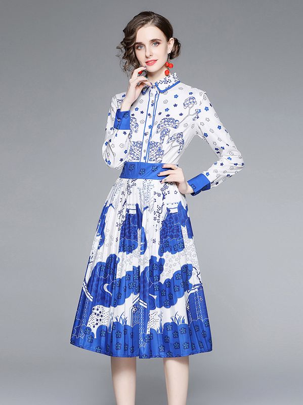 European Style Show Waist Flower Printing Dress
