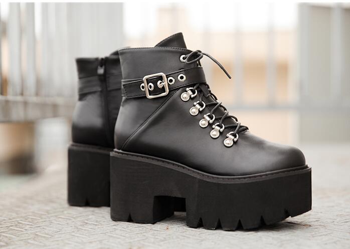 Outlet Black high-heeled sponge cake Lace up Roman Martin boots