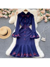 Outlet Polo-neck embroidery dress slimming fall Fishtail dress