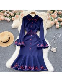 Outlet Polo-neck embroidery dress slimming fall Fishtail dress 