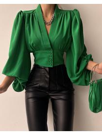 Outlet Winter Women's temperament  V-neck green long-sleeved lantern sleeve shirt