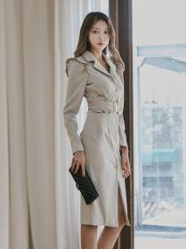 Korean Style Blazer Style Pure Color Open Fork Dress 