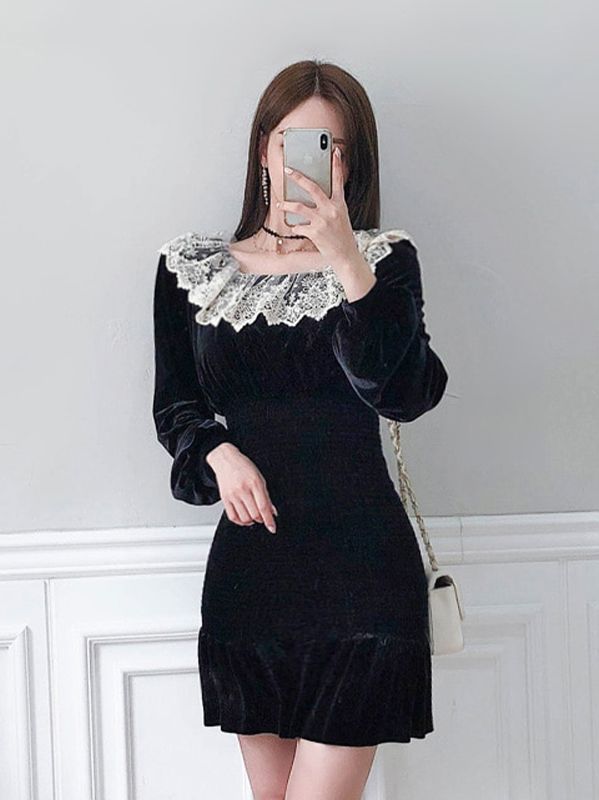 On Sale Lace Matching Off Collars Show Waist Dress