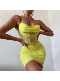 Outlet Hot style women's Casual mesh stitching halter top and short skirt two-piece suit
