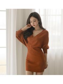 Korean Style Show Waist Pure Color Knitting Dress