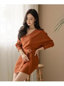 Korean Style Show Waist Pure Color Knitting Dress