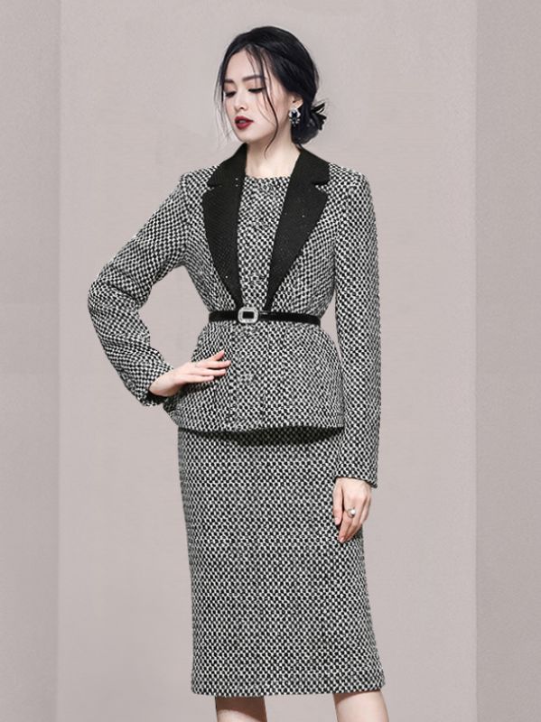 Korean Style Grid Printing Show Waist Fashion Suits