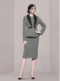 Korean Style Grid Printing Show Waist Fashion Suits 