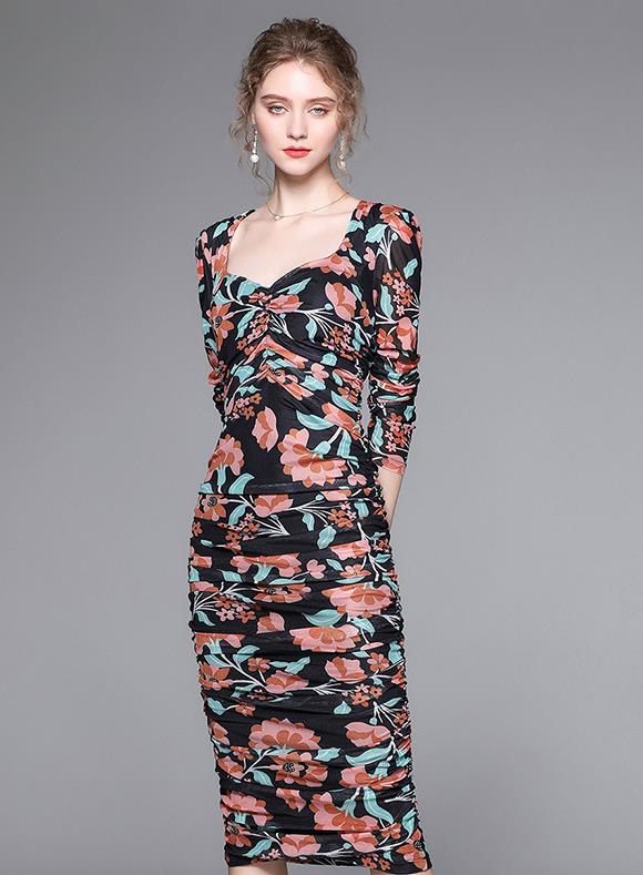 European Style Flower Style Printing Fashion Dress