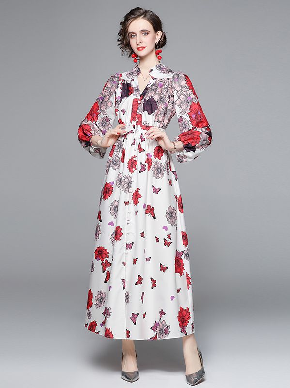 European Style Flower Style Printing Fashion Dress