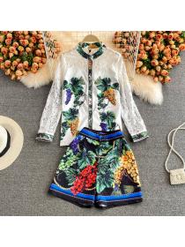 Outlet stand-up collar lace long-sleeved shirt high-waisted wide-leg shorts /two-piece set