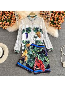 Outlet stand-up collar lace long-sleeved shirt high-waisted wide-leg shorts /two-piece set