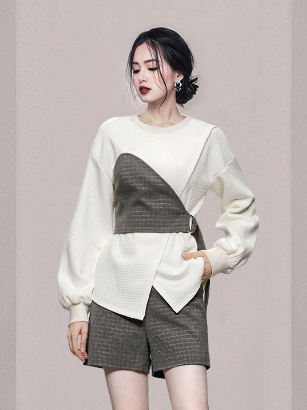 Outlet Grid Printing Show Waist Fashion Horn Sleeve Suits