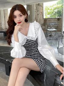 Korean Style Grid Printing Show Waist Dress