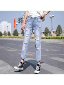 Outlet Women's Spring Loose Ripped Trousers Long Cropped Jeans