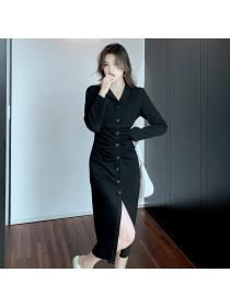 Outlet Long style V-neck Long-sleeved Buttons dress for women