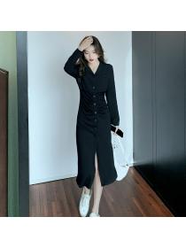 Outlet Long style V-neck Long-sleeved Buttons dress for women 