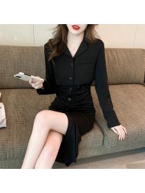 Outlet Long style V-neck Long-sleeved Buttons dress for women 