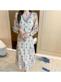 Outlet Vintage style  high-end autumn French floral dress