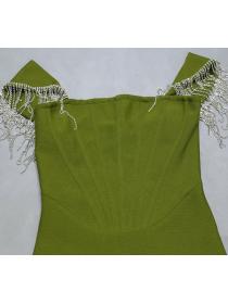 Outlet winter ladies high-waist off-shoulder wrap-chest club Tassel split dress