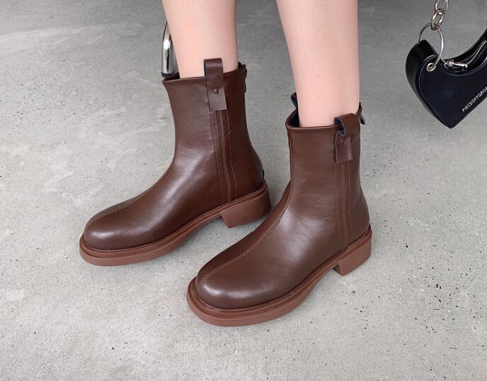 Outlet Mid-heel fashion all-match soft leather boots for women