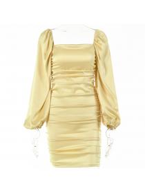 Outlet Hot style square-neck low-cut hot girl dress sexy backless lantern sleeves strappy slimming dress